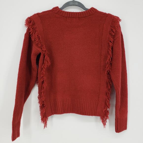 Anthropologie Mazie Fringe Pullover Sweater XS Long Sleeve Cropped Boho Rust Red - Picture 5 of 12